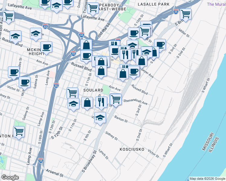 map of restaurants, bars, coffee shops, grocery stores, and more near 901 Ann Avenue in St. Louis