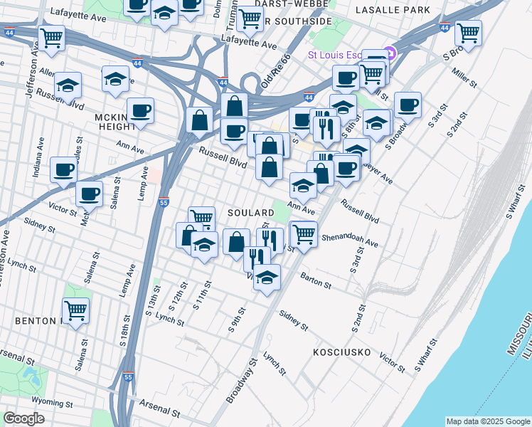 map of restaurants, bars, coffee shops, grocery stores, and more near 901 Shenandoah Avenue in St. Louis