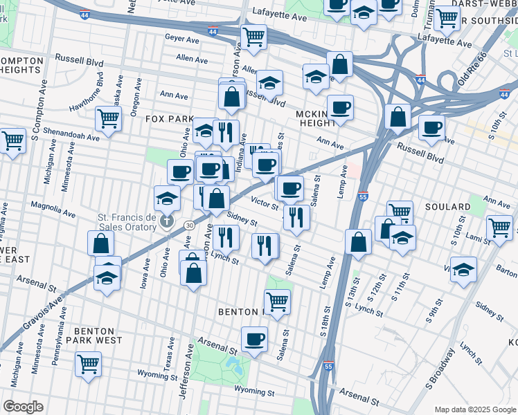 map of restaurants, bars, coffee shops, grocery stores, and more near 2200 Victor Street in St. Louis
