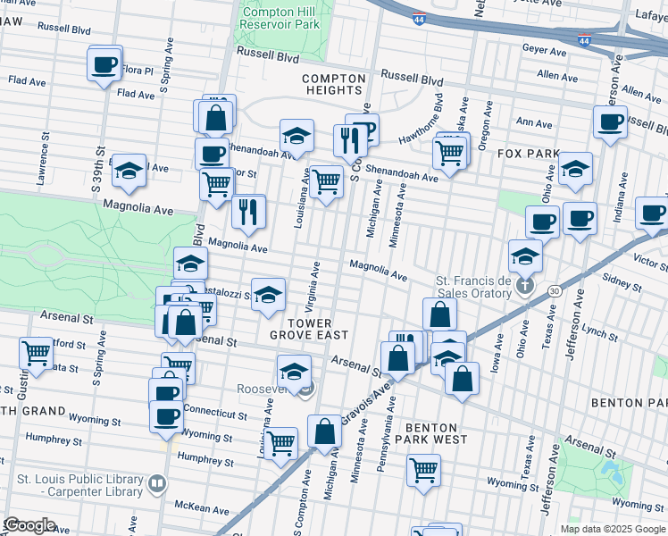 map of restaurants, bars, coffee shops, grocery stores, and more near 3224 Magnolia Avenue in St. Louis