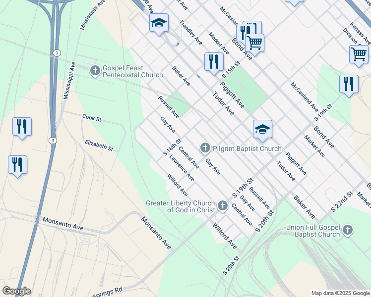 map of restaurants, bars, coffee shops, grocery stores, and more near 1605 Central Avenue in East St. Louis