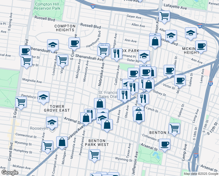 map of restaurants, bars, coffee shops, grocery stores, and more near 2631-2633 California Avenue in St. Louis
