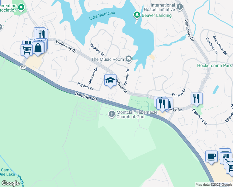 map of restaurants, bars, coffee shops, grocery stores, and more near 16125 Dumfries Road in Dumfries