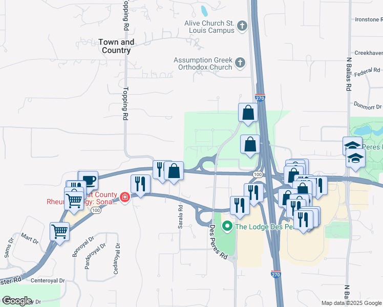 map of restaurants, bars, coffee shops, grocery stores, and more near 12826 Daylight Circle in St. Louis