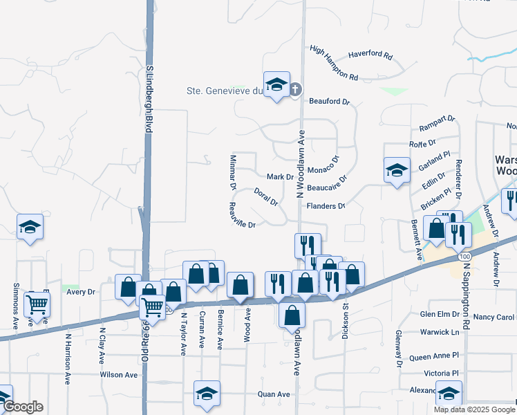 map of restaurants, bars, coffee shops, grocery stores, and more near 442 Doral Drive in St. Louis