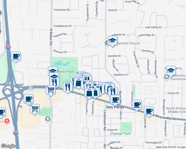 map of restaurants, bars, coffee shops, grocery stores, and more near 1328 Bansbach Road in Des Peres
