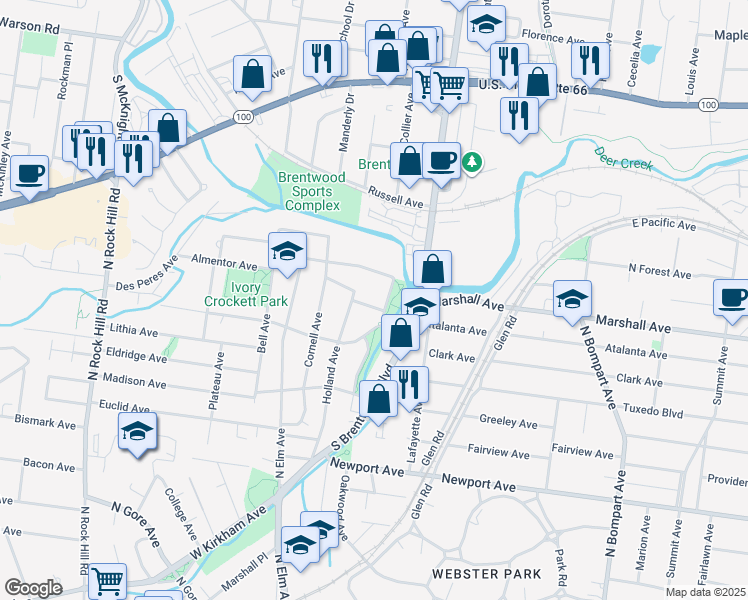 map of restaurants, bars, coffee shops, grocery stores, and more near 147 Willis Avenue in Webster Groves