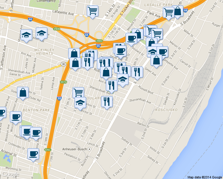 map of restaurants, bars, coffee shops, grocery stores, and more near 901 Shenandoah Avenue in St. Louis