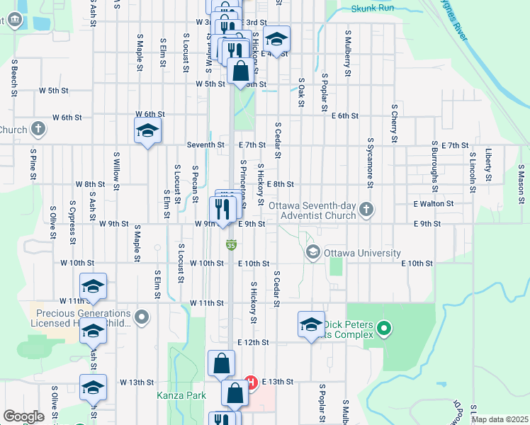 map of restaurants, bars, coffee shops, grocery stores, and more near 831 South Hickory Street in Ottawa