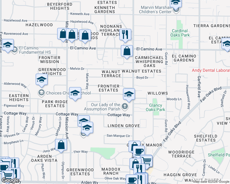 map of restaurants, bars, coffee shops, grocery stores, and more near 4933 Donovan Drive in Carmichael