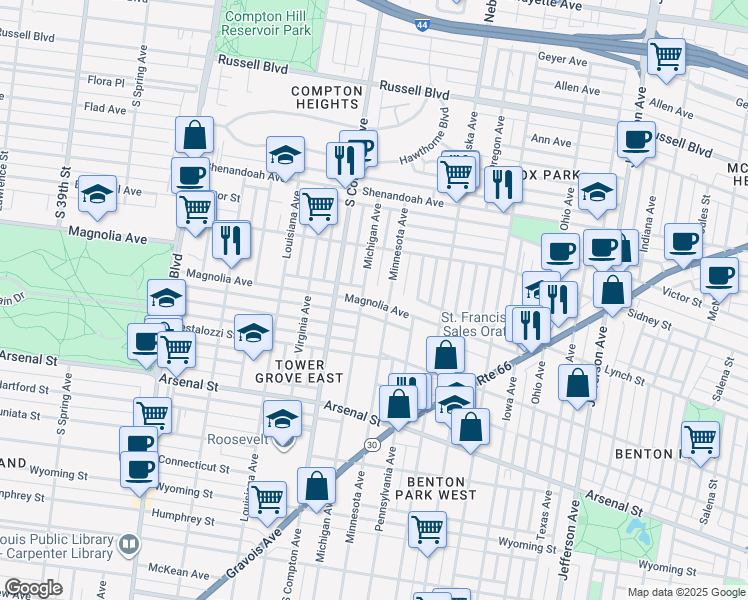 map of restaurants, bars, coffee shops, grocery stores, and more near 2651 Minnesota Avenue in St. Louis