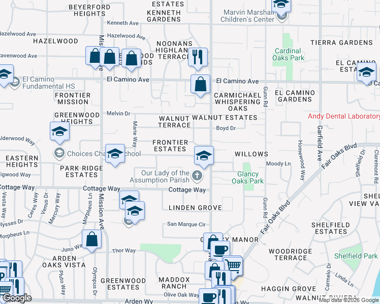 map of restaurants, bars, coffee shops, grocery stores, and more near 4933 Donovan Drive in Carmichael