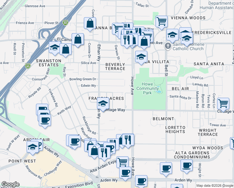 map of restaurants, bars, coffee shops, grocery stores, and more near 2101 Keith Way in Sacramento