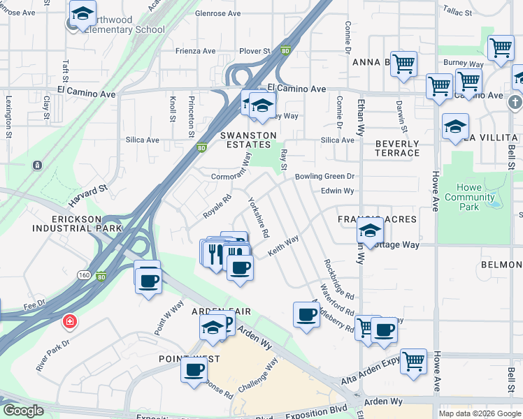 map of restaurants, bars, coffee shops, grocery stores, and more near 2160 Yorkshire Road in Sacramento