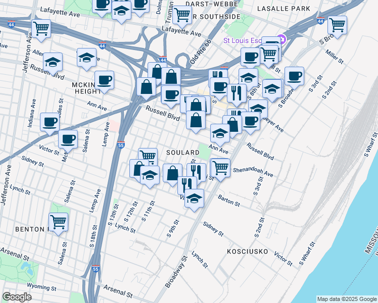 map of restaurants, bars, coffee shops, grocery stores, and more near in St. Louis