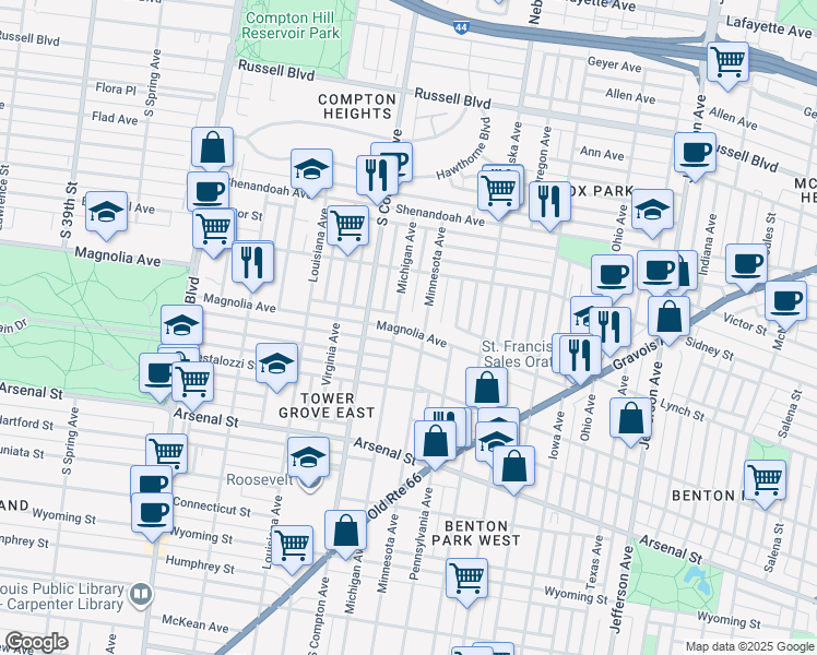 map of restaurants, bars, coffee shops, grocery stores, and more near 2651 Minnesota Avenue in St. Louis