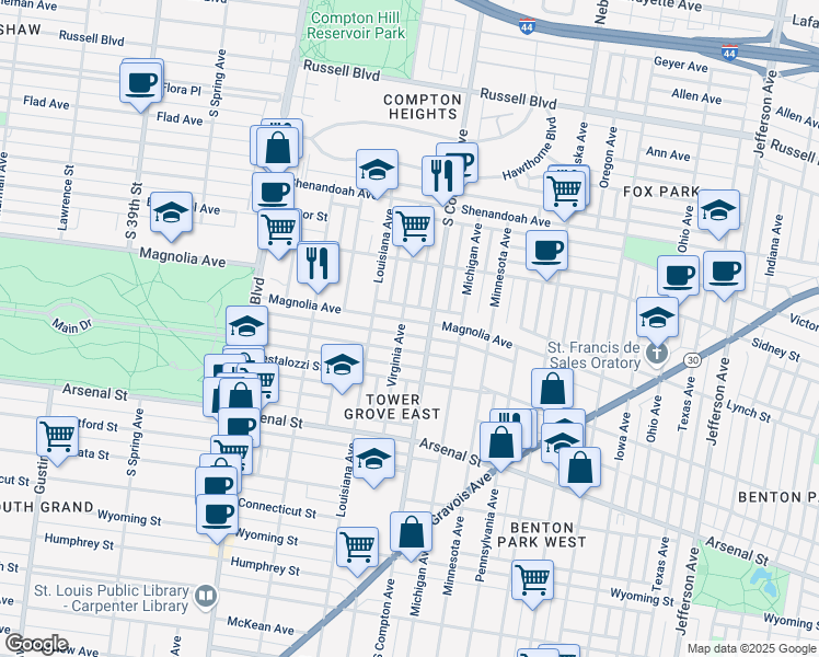 map of restaurants, bars, coffee shops, grocery stores, and more near 3224 Magnolia Avenue in St. Louis