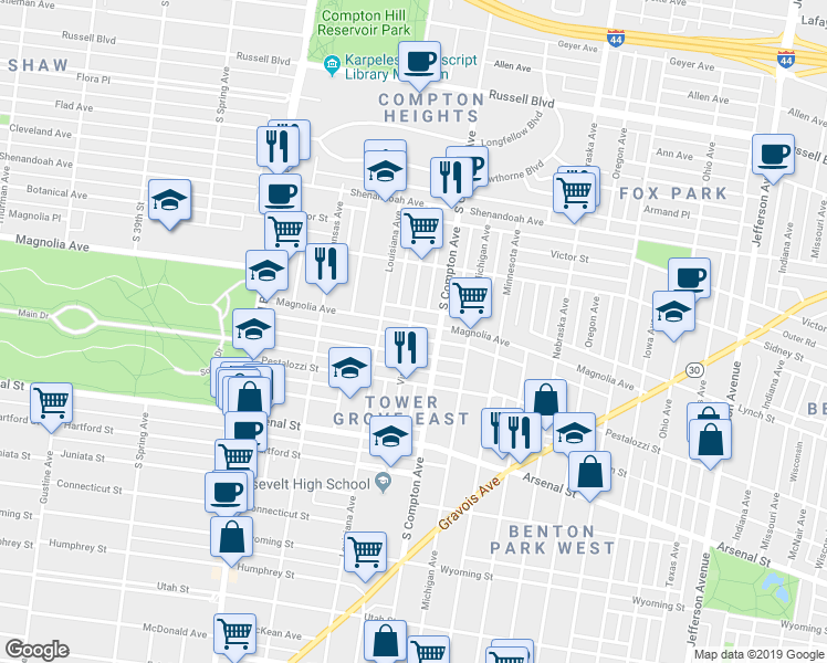map of restaurants, bars, coffee shops, grocery stores, and more near 3224 Magnolia Avenue in St. Louis