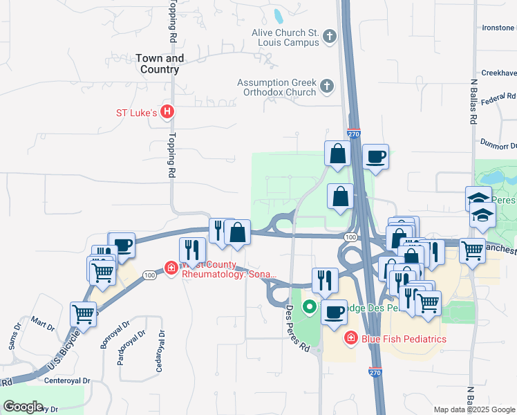 map of restaurants, bars, coffee shops, grocery stores, and more near 12826 Daylight Circle in St. Louis