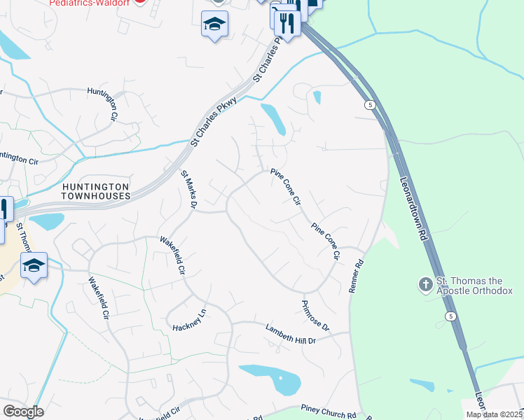 map of restaurants, bars, coffee shops, grocery stores, and more near 3412 Velvet Ash Court in Waldorf