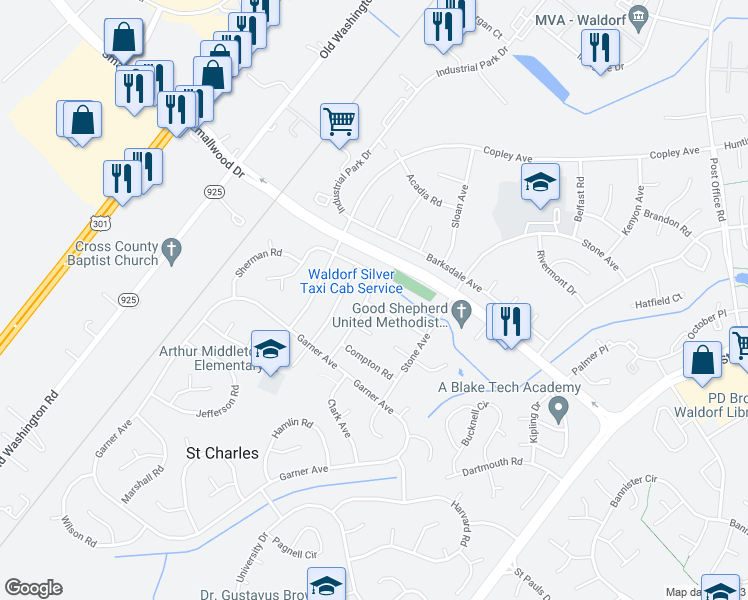 map of restaurants, bars, coffee shops, grocery stores, and more near 1009 Stoddert Avenue in Waldorf