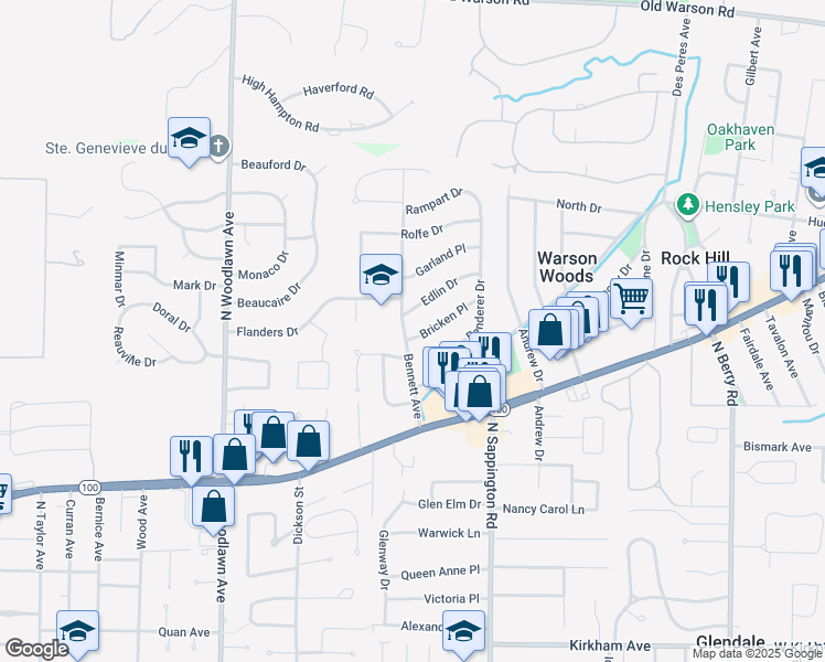 map of restaurants, bars, coffee shops, grocery stores, and more near 801 Bricken Place in St. Louis