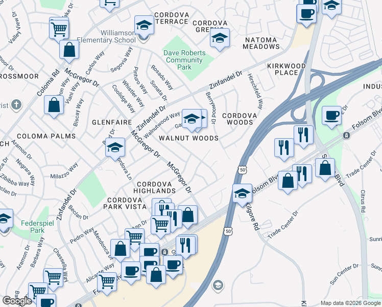 map of restaurants, bars, coffee shops, grocery stores, and more near 2548 Queenwood Drive in Rancho Cordova