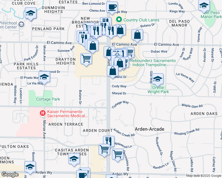 map of restaurants, bars, coffee shops, grocery stores, and more near 2220 Watt Avenue in Sacramento