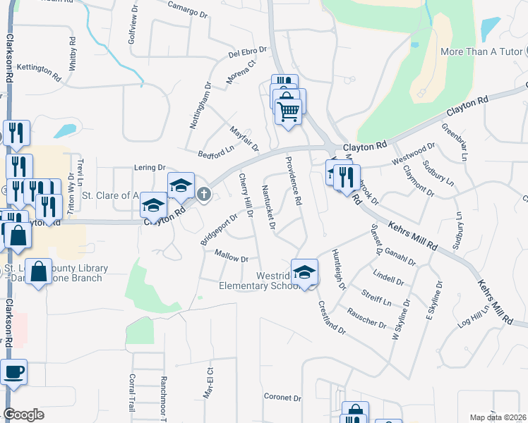 map of restaurants, bars, coffee shops, grocery stores, and more near 952 Bridgeport Drive in Ballwin
