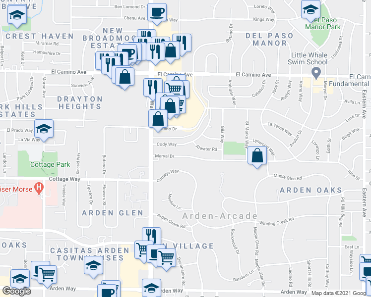 map of restaurants, bars, coffee shops, grocery stores, and more near 3546 Cody Way in Sacramento