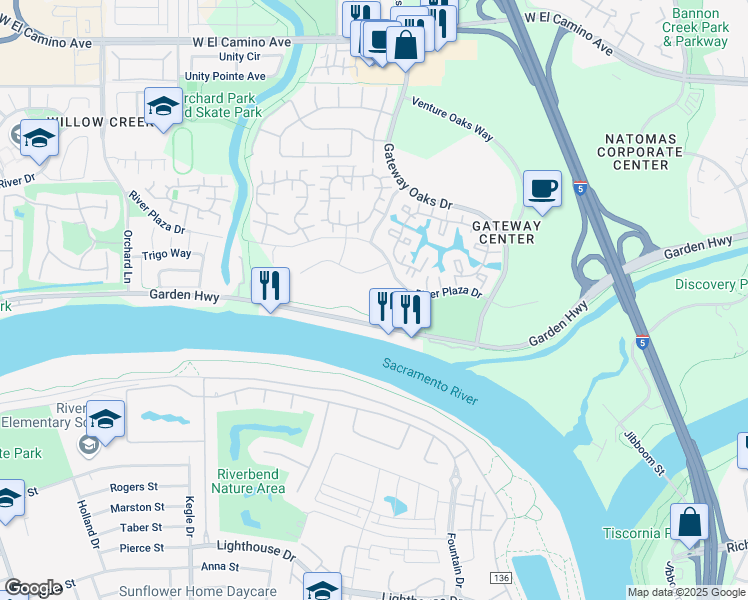 map of restaurants, bars, coffee shops, grocery stores, and more near 2200 River Plaza Drive in Sacramento