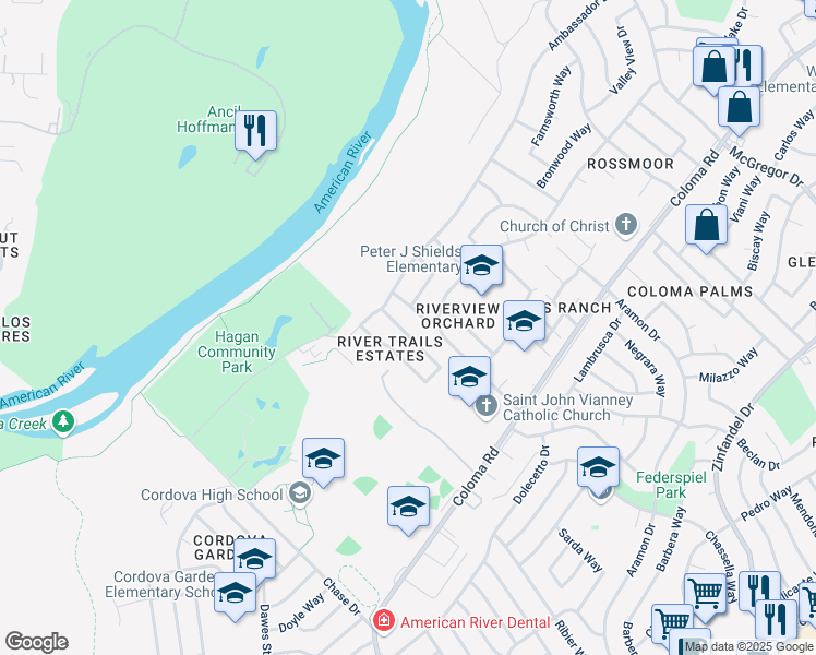 map of restaurants, bars, coffee shops, grocery stores, and more near 2211 River Trails Circle in Rancho Cordova