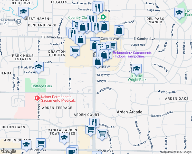 map of restaurants, bars, coffee shops, grocery stores, and more near 2220 Watt Avenue in Sacramento