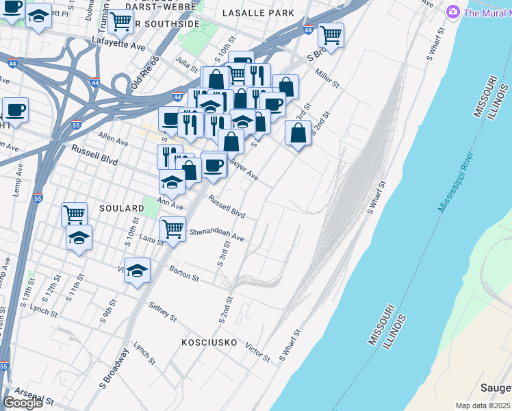map of restaurants, bars, coffee shops, grocery stores, and more near 2013 South 2nd Street in St. Louis