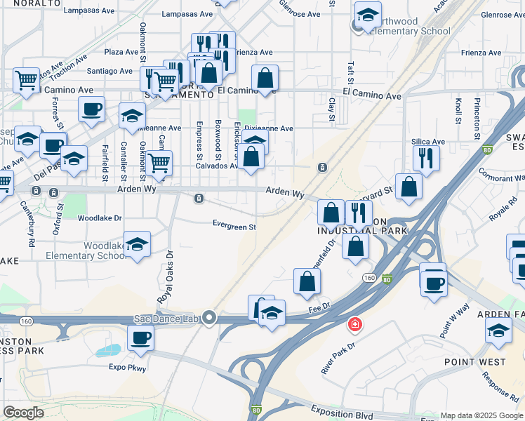 map of restaurants, bars, coffee shops, grocery stores, and more near 2170 Evergreen Street in Sacramento
