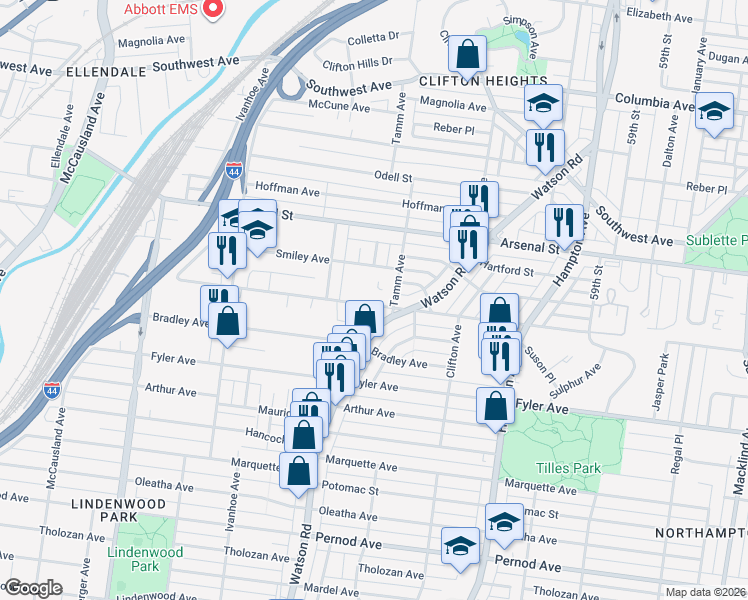 map of restaurants, bars, coffee shops, grocery stores, and more near 6401 Scanlan Avenue in St. Louis