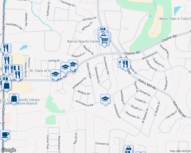 map of restaurants, bars, coffee shops, grocery stores, and more near 952 Bridgeport Drive in Ballwin
