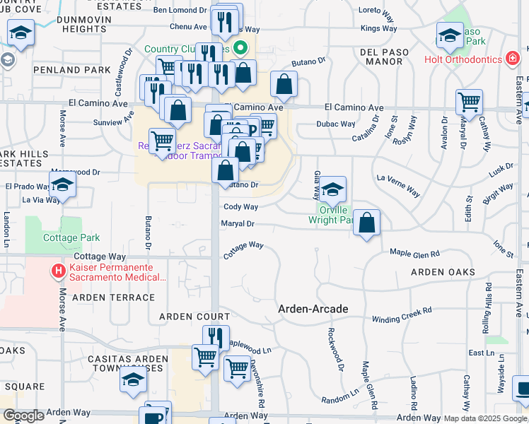 map of restaurants, bars, coffee shops, grocery stores, and more near 3546 Cody Way in Sacramento