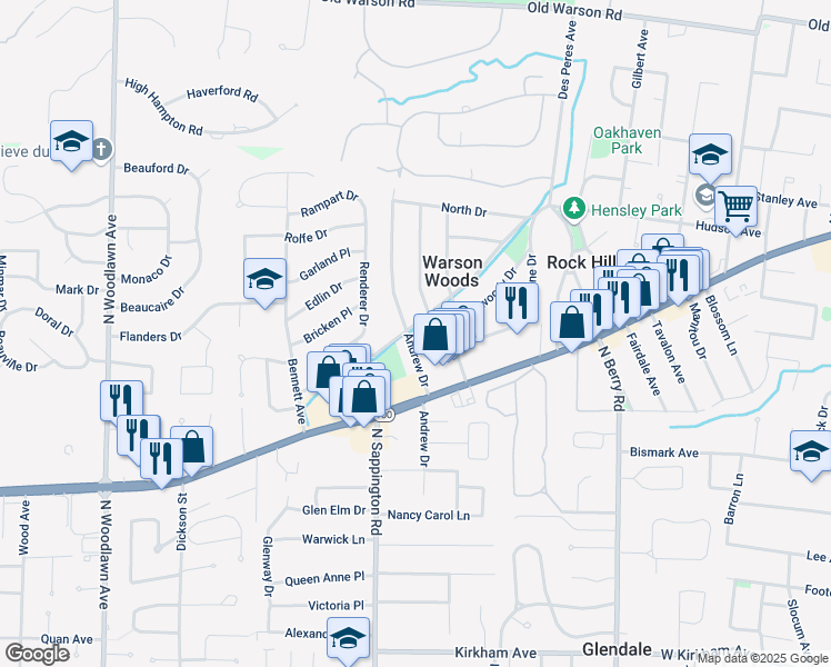 map of restaurants, bars, coffee shops, grocery stores, and more near 1501 Andrew Drive in St. Louis