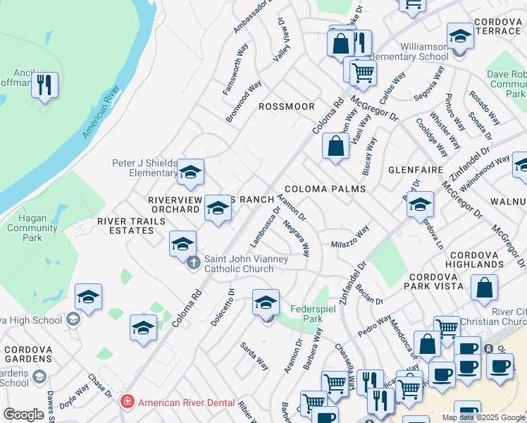 map of restaurants, bars, coffee shops, grocery stores, and more near 10542 Coloma Road in Rancho Cordova