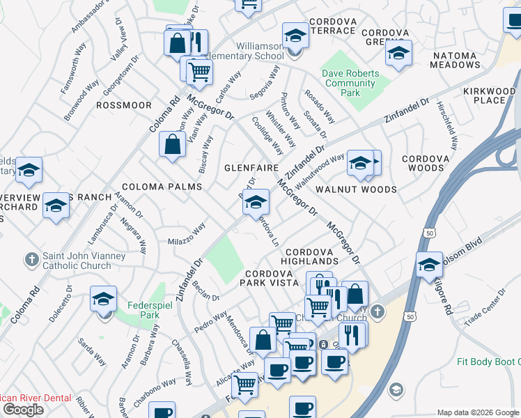 map of restaurants, bars, coffee shops, grocery stores, and more near 2336 Zinfandel Drive in Rancho Cordova