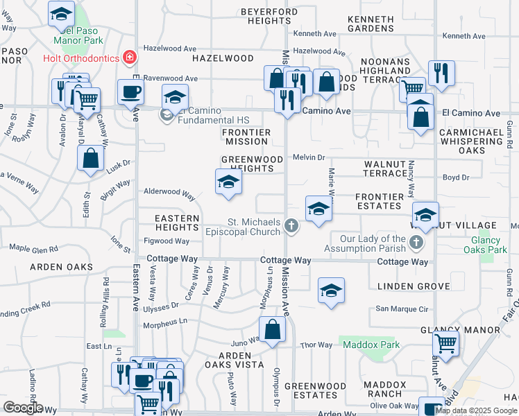 map of restaurants, bars, coffee shops, grocery stores, and more near 4644 Nottingham Circle in Sacramento
