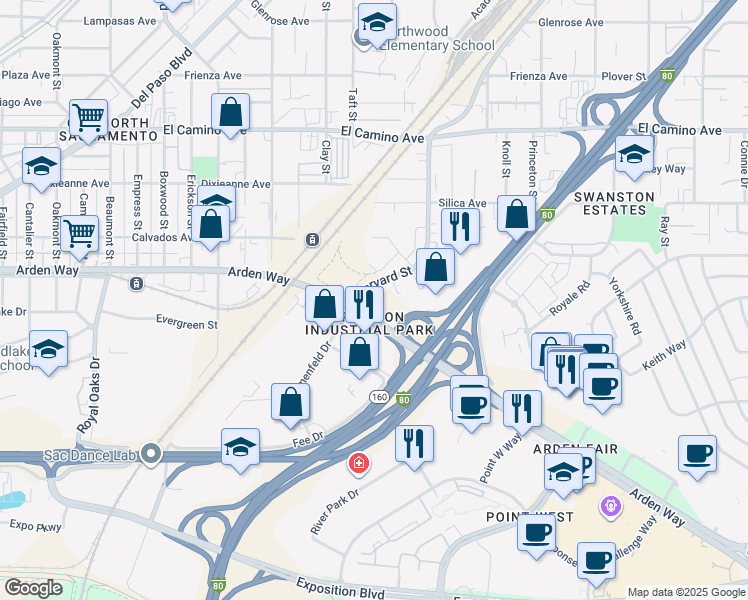 map of restaurants, bars, coffee shops, grocery stores, and more near 2100 Harvard Street in Sacramento
