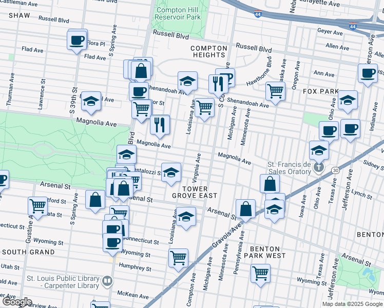 map of restaurants, bars, coffee shops, grocery stores, and more near 3400 Magnolia Avenue in St. Louis