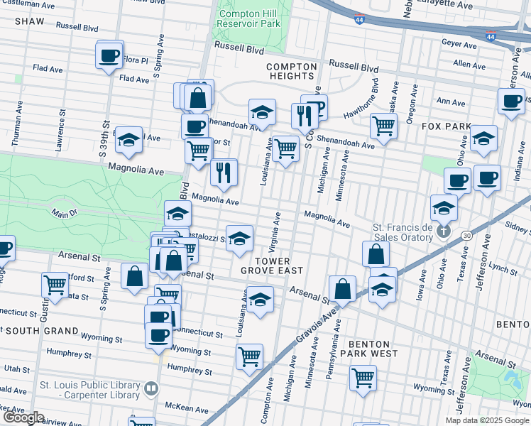 map of restaurants, bars, coffee shops, grocery stores, and more near 3400 Magnolia Avenue in St. Louis