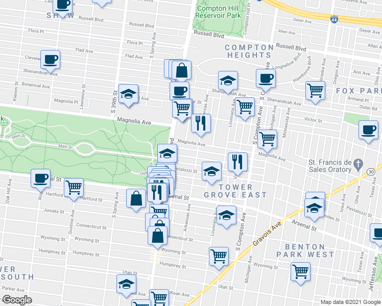 map of restaurants, bars, coffee shops, grocery stores, and more near 3517 Halliday Avenue in St. Louis