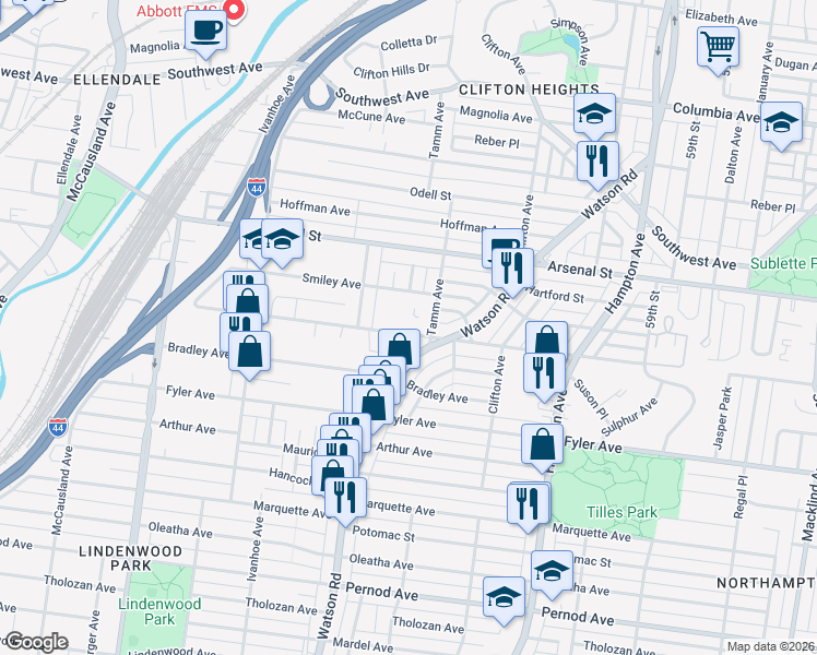 map of restaurants, bars, coffee shops, grocery stores, and more near 6401 Scanlan Avenue in St. Louis