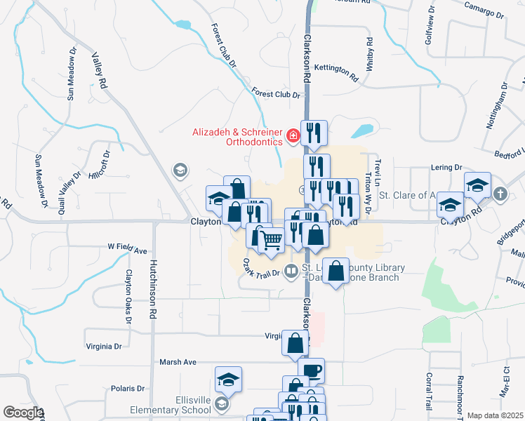 map of restaurants, bars, coffee shops, grocery stores, and more near 15945 Clayton Road in Ballwin