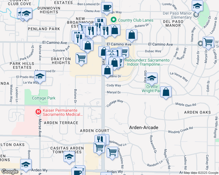 map of restaurants, bars, coffee shops, grocery stores, and more near 3508 Cody Way in Sacramento
