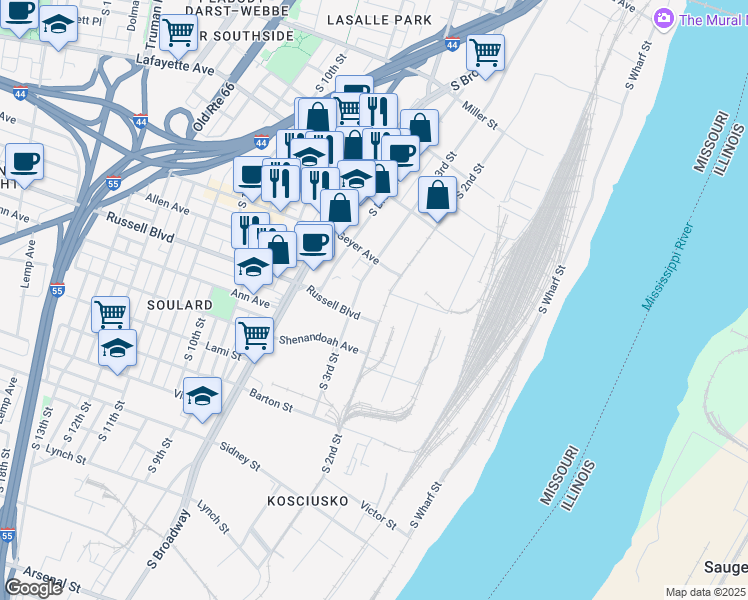 map of restaurants, bars, coffee shops, grocery stores, and more near 2013 South 2nd Street in St. Louis